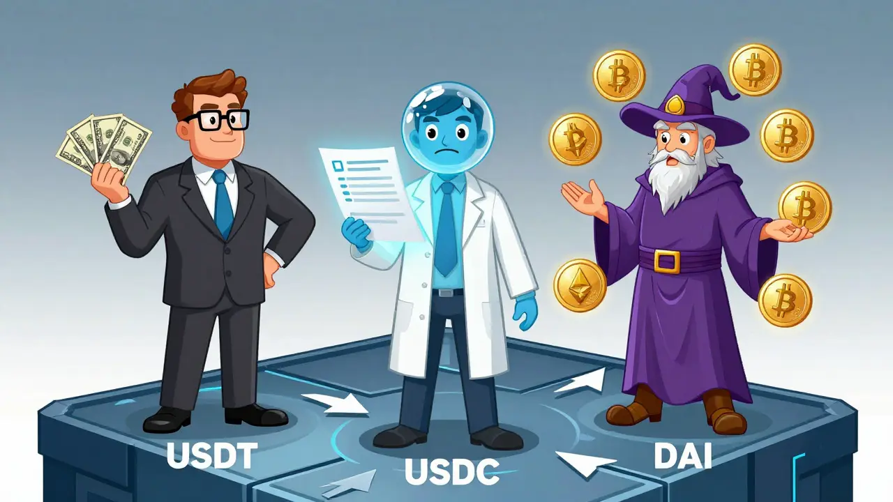 Три типа стейблкоинов изображены как персонажи: USDT, USDC и DAI, каждый с уникальным стилем и способом обеспечения.