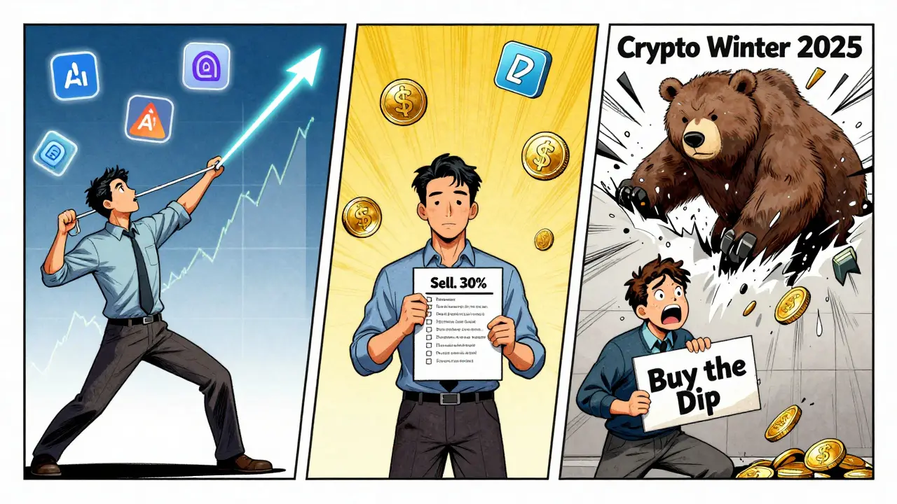 Три трейдера: один использует trailing stop, другой продает частично, третий пытается купить падение — вокруг криптозима.