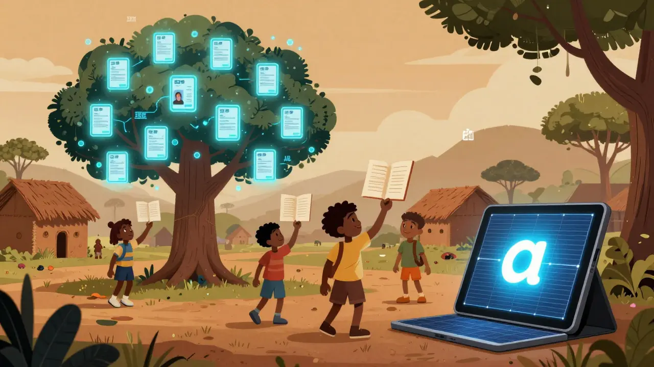 Африканская деревня, где цифровые паспорта и дипломы появляются из блокчейна, IBM и Microsoft в фоне, тёплые тона и голубые потоки данных.
