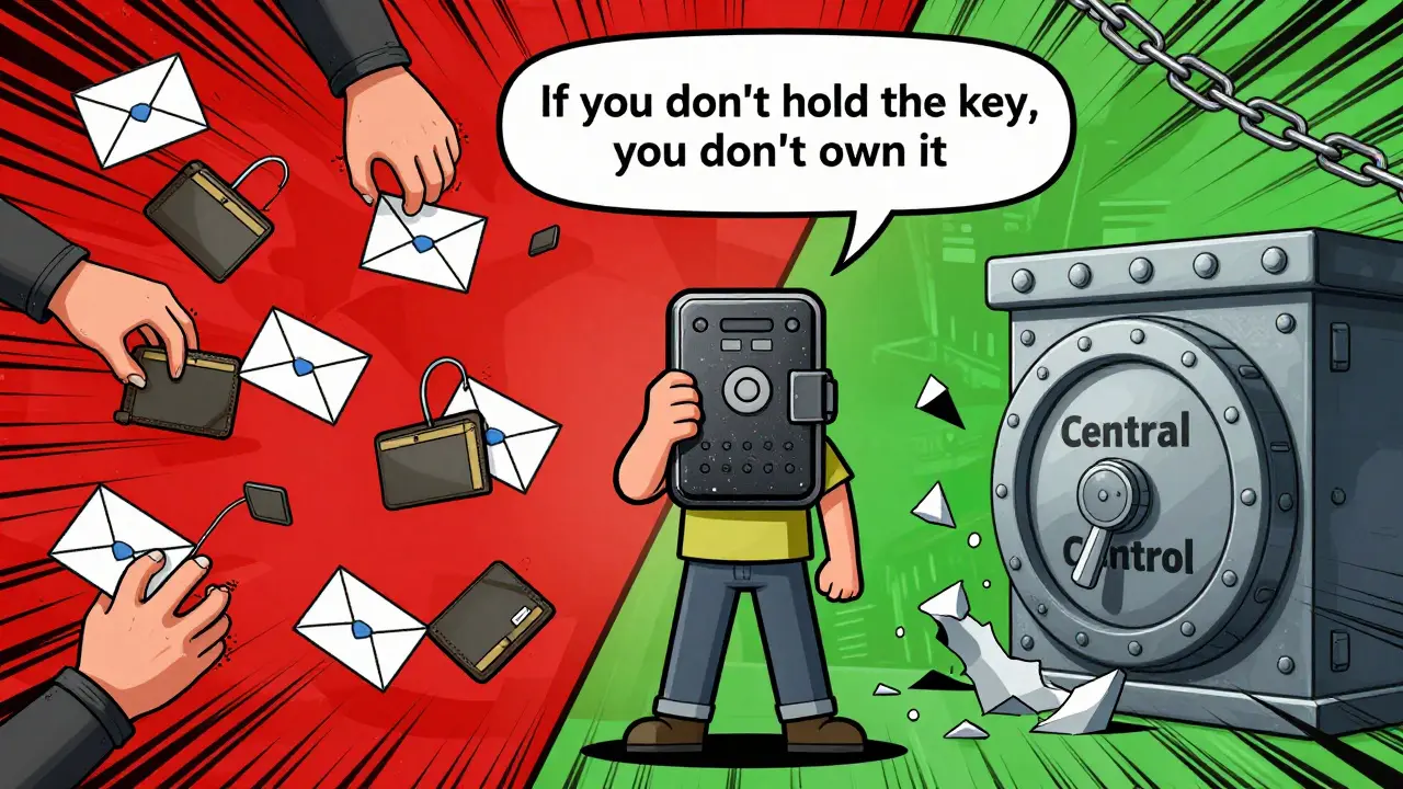 Человек держит холодный кошелёк, между хаосом фишинга и разрушающимся банком.