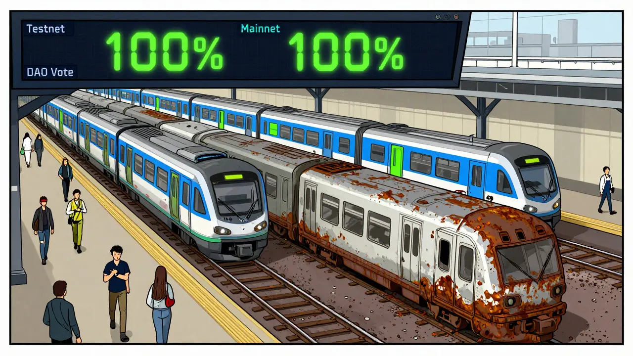 Цифровой поезд уходит по расписанию, а обманчивый маршрут гниет на пустой платформе в комикс-стиле.