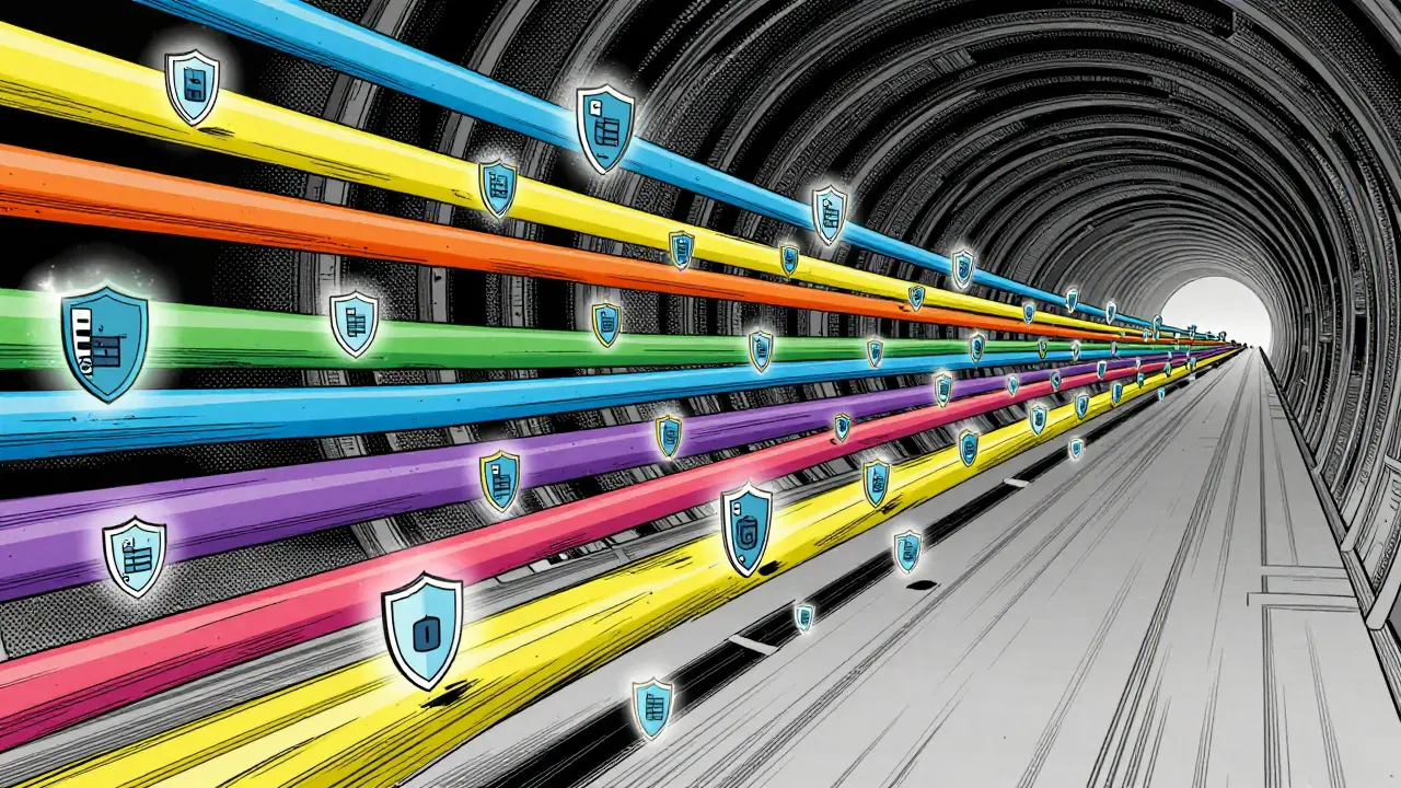 Цветные потоки данных движутся параллельно без столкновений в киберпространстве.