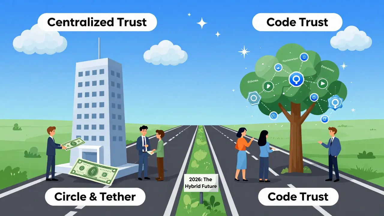 Два пути в криптомире: централизованный и децентрализованный, изображённые как разветвлённая дорога в стиле французского комикса.