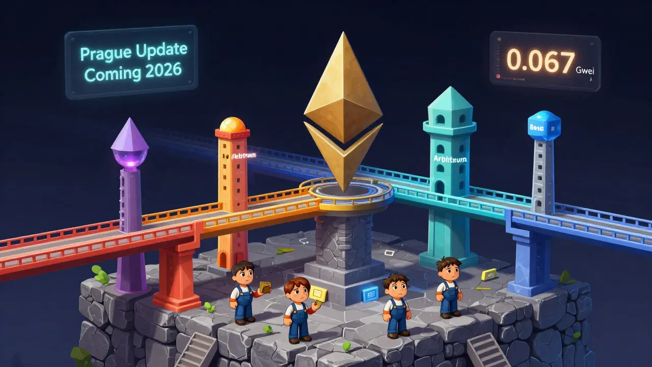 Ethereum как фундамент, Layer-2 — мосты, валидаторы с пустыми кошельками, надпись 'Prague 2026'.
