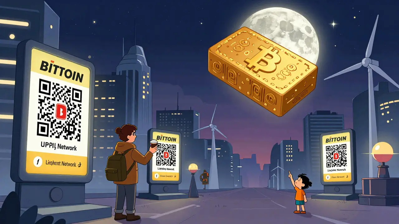 Футуристический российский город с биткоин-биржами и Lightning Network, где биткоин — как луна над городом.