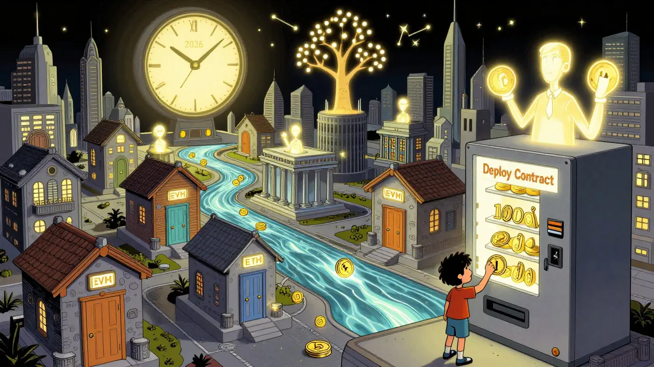 Город будущего, построенный на смарт-контрактах, где ребёнок запускает EVM-контракт, а в небе светятся технологии будущего: Verkle Trees и EOF.