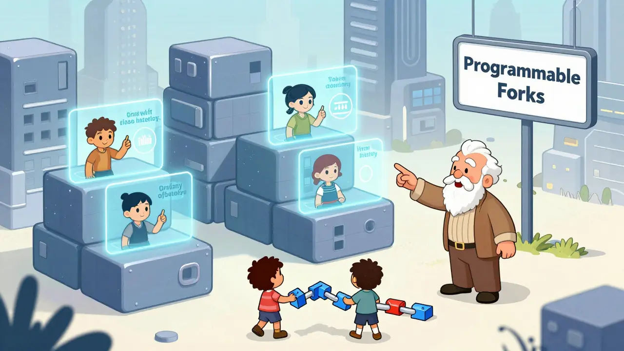 Город из блокчейн-зданий, жители голосуют за разделение, мудрый старец показывает на знак 'Программируемые форки'.