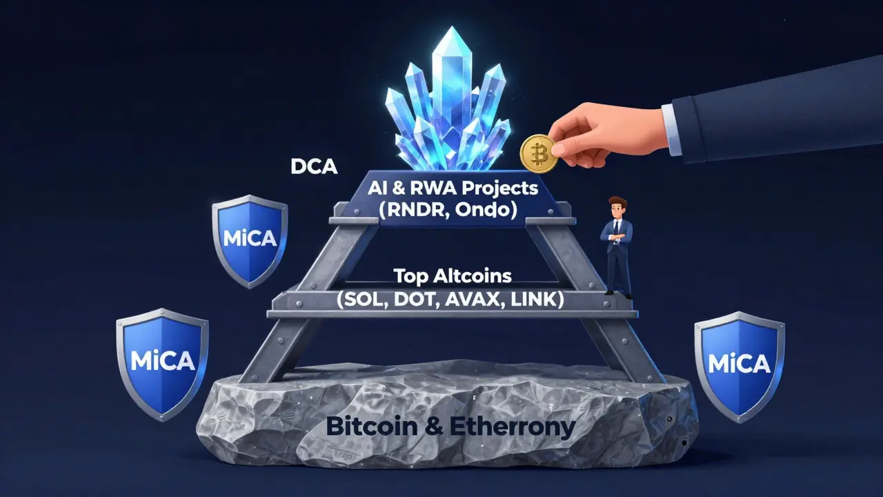 Инвестиционная пирамида с тремя уровнями: база — BTC/ETH, середина — топ-альткоины, вершина — AI/RWA-проекты, новичок вкладывает постепенно.