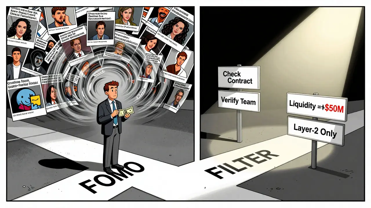 Инвестор на распутье между слепым FOMO и системным фильтром, с подсказками по проверке мем-коинов в стиле bande dessinée.