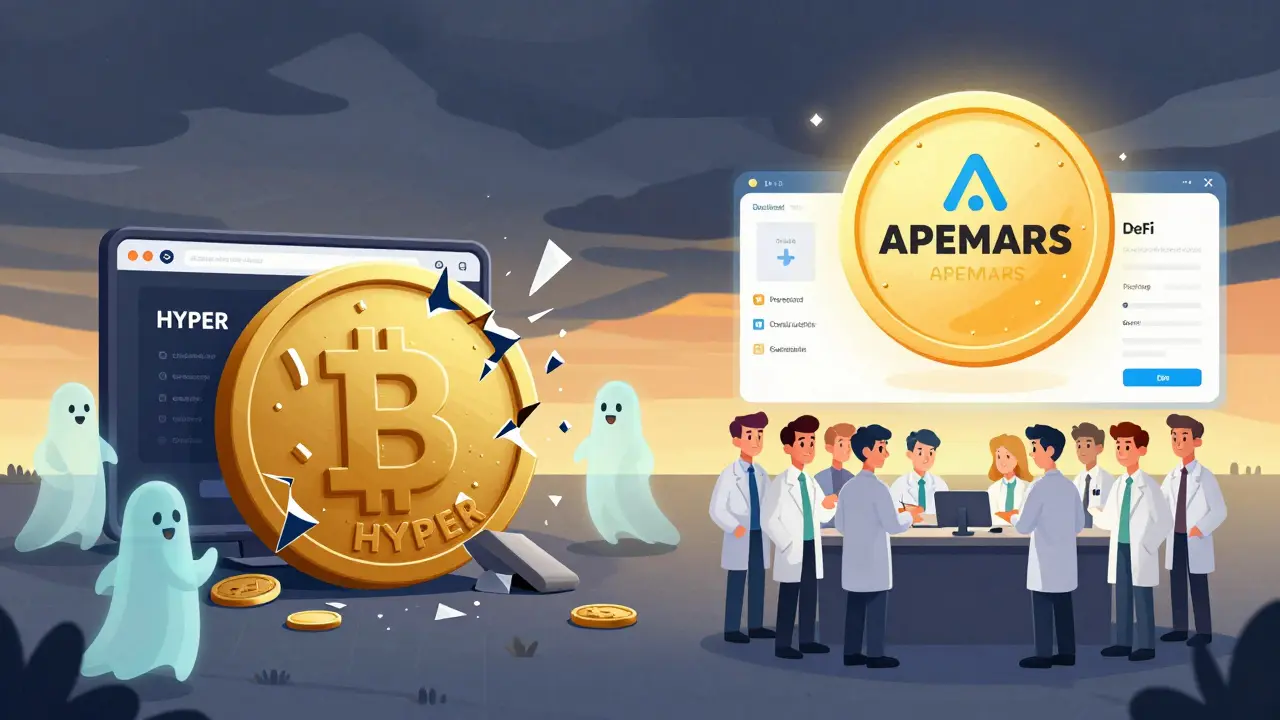 Контраст двух мем-коинов: один исчезает, другой работает с DeFi-интерфейсом и проверенной командой в стиле европейского комикса.