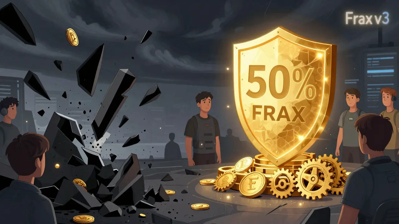 Крах UST слева и восхождение FRAX справа, показанные в стиле банде дессинье с драматичным контрастом.