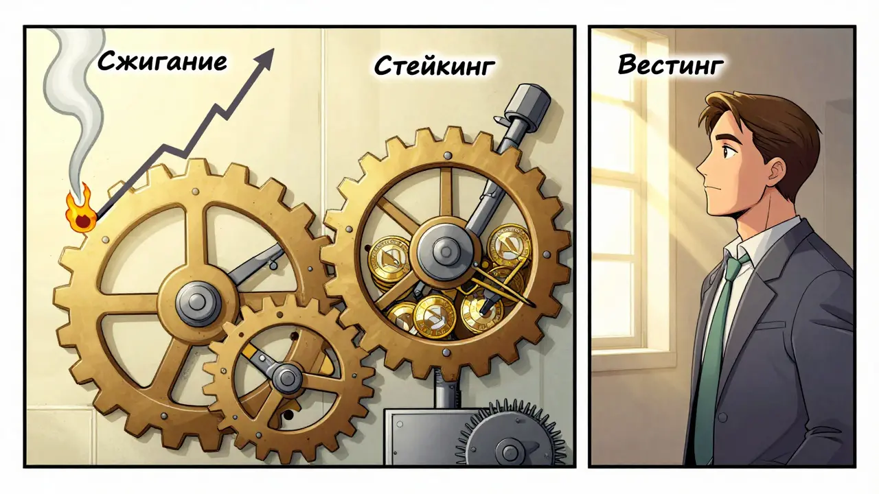 Механизм устойчивой токеномики: сжигание, стейкинг и постепенный вестинг работают в балансе.