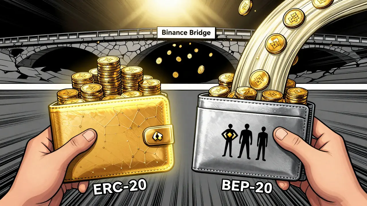 Пользователь держит два кошелька: ERC-20 защищён тысячами узлов, BEP-20 — лишь 21 валидатором, мост с монетами падает в пропасть.