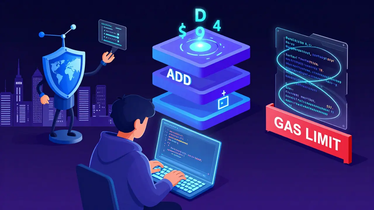 Программист пишет код Solidity, а над ним визуализируется стек EVM и газовые ограничения, с оракулом Chainlink, доставляющим данные из реального мира.