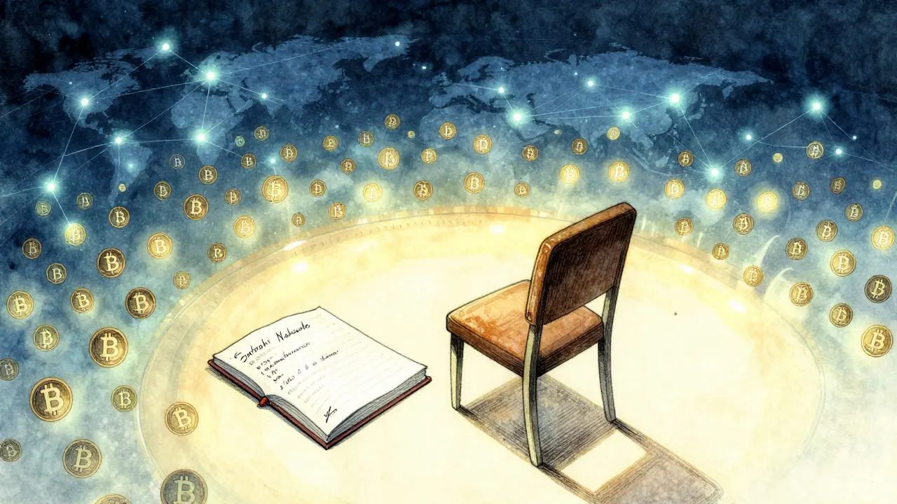 Пустой стул у цифрового стола с кодом и подписью Сатоши Накамото, окруженный тысячами биткоинов.