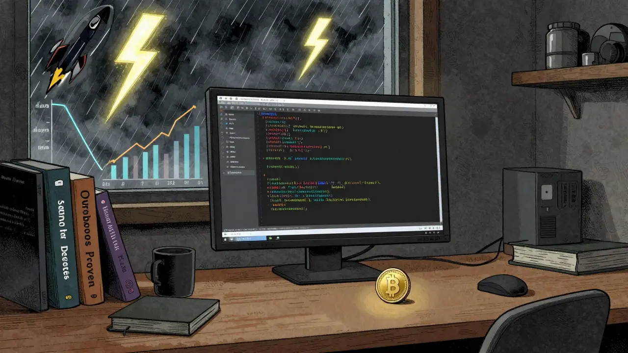 Разработчик пишет код на Haskell, вокруг книги о Ouroboros и Hydra, за окном буря, внутри — спокойствие и вращающаяся монета ADA.