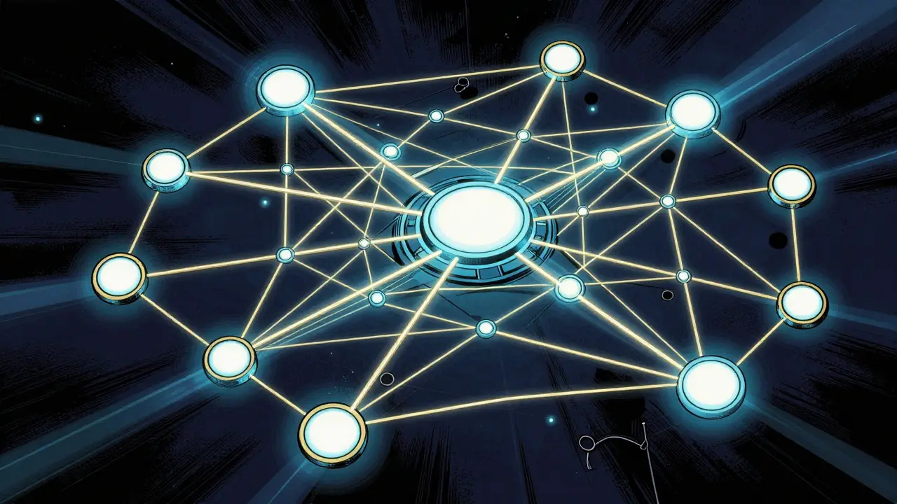 Сеть каналов связи между узлами в виде светящейся паутины