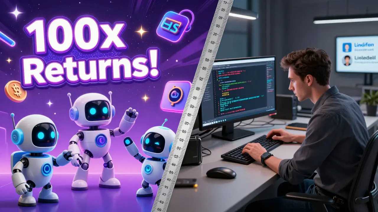 Сравнение фейкового криптопроекта с настоящим: слева — глянцевый обман, справа — реальный код и данные.