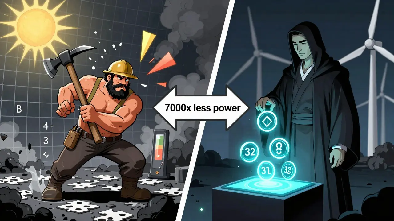Сравнение майнера с киркой и валидатора с стейкингом — энергопотребление падает в 7000 раз.