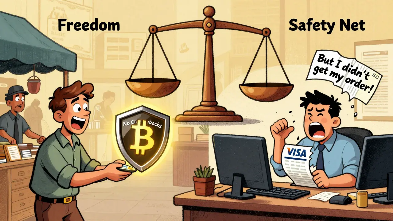 Сравнение: продавец получает криптовалюту без возвратов, в то время как банк не может помочь покупателю.