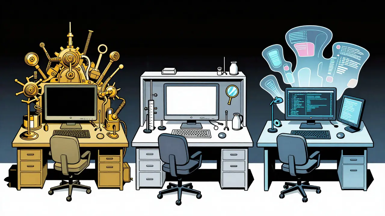 Столы разработчиков с разными инструментами технологий