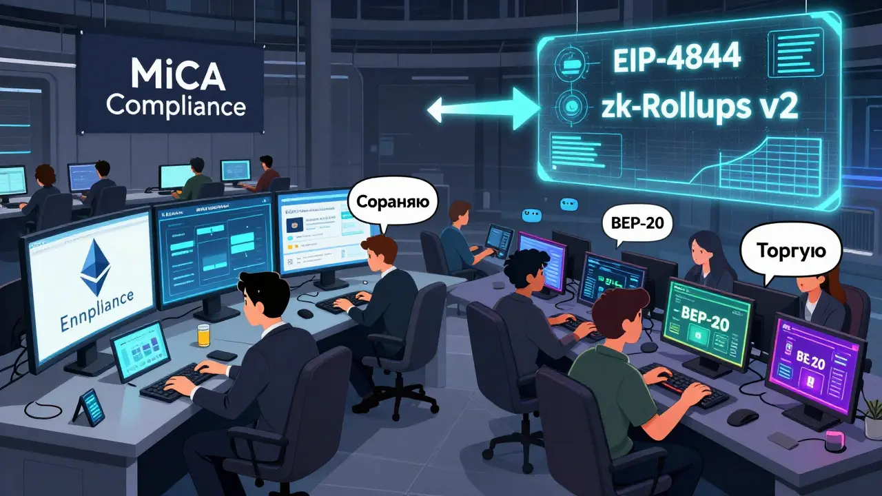 Торговая площадка 2026 года: корпоративные аналитики слева с Ethereum, трейдеры справа с BEP-20, над ними — голографические обновления EIP-4844 и zk-Rollups.
