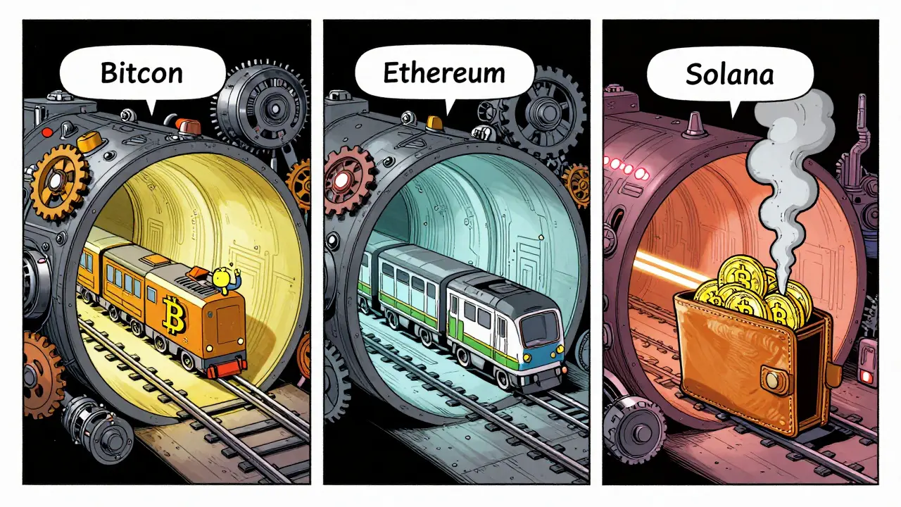 Транзакция в виде поезда, движущегося по разным сетям блокчейна с разной скоростью и топливом ETH.